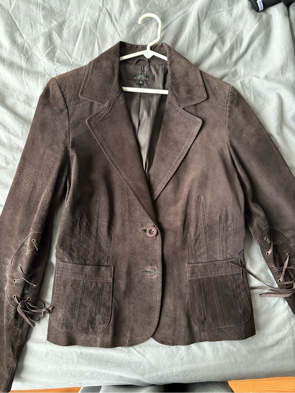 Brown Suede Lace-Up Sleeve Blazer Jacket